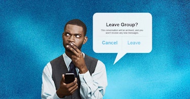 A man holding his phone and a screenshot bubble with the notification about leaving a group