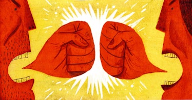 Illustration of two people screaming with fists coming out of their mouths