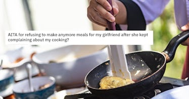 A reddit thread screenshot over a photo of eggs cooking