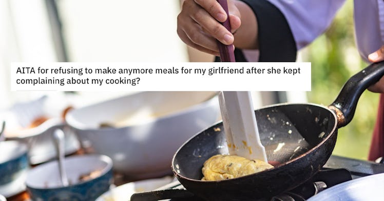 A reddit thread screenshot over a photo of eggs cooking