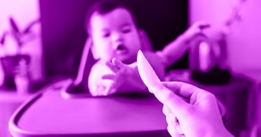 purple photo edit of a baby reaching for an apple slice