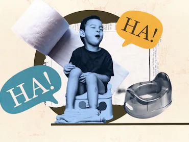 Photo collage of toddler and a toilet surrounded by symbols of poop jokes and puns.