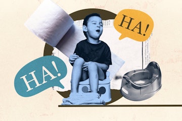 photo collage of toddler and a toilet surrounded by symbols of poop jokes and puns