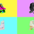 Four of the best roller skates and roller blades for kids, set against a multi-colored background, a...