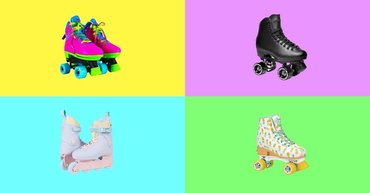 Four of the best roller skates and roller blades for kids, set against a multi-colored background, a...
