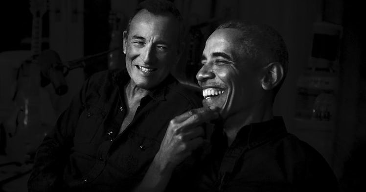 Bruce Springsteen and Barack Obama smile in black and white