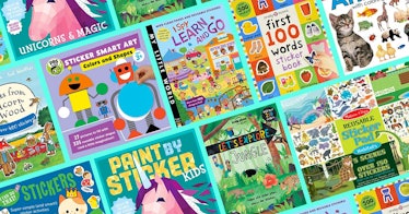 A variety of the best sticker books for kids, tiled.