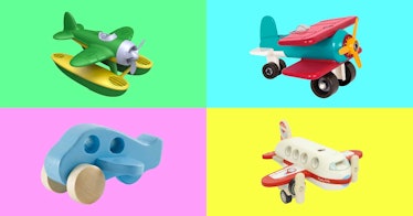 Four toy airplanes for toddlers and older kids set against a multi-colored backdrop