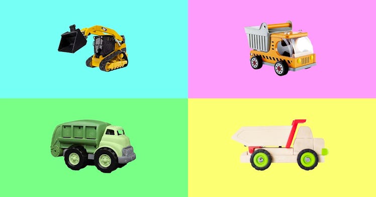 The best toy trucks, including garbage trucks and fire trucks, set against a multi-colored backgroun...