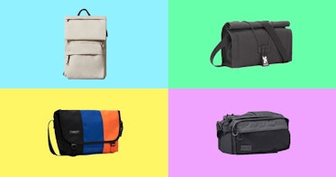 Four bike bags for dads set against a multi-colored background.