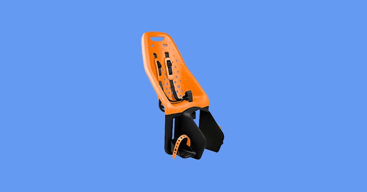 A great bike seat for kids, set against a blue background.