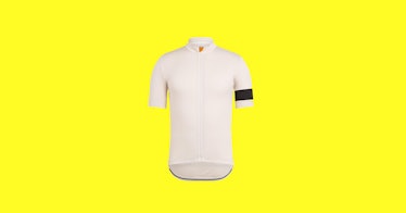 A white cycling jersey with a black stripe on the arm, one of our picks for men's cycling clothing, ...