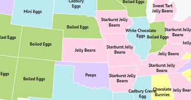 pastel colored map of the US with each state's favorite Easter candy