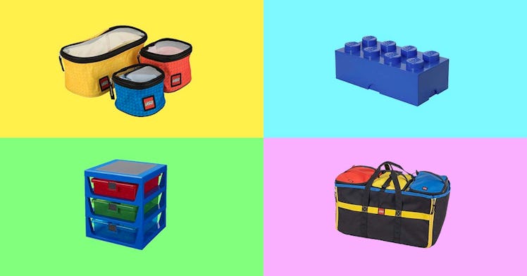 Four of the best Lego storage organizers set against a multi-colored background