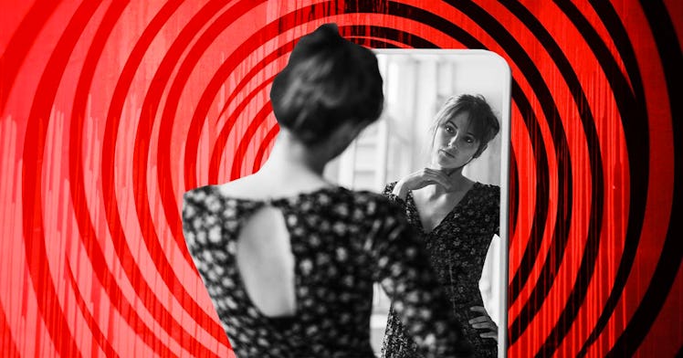 woman staring at herself in mirror surrounded by hypnotic swirls
