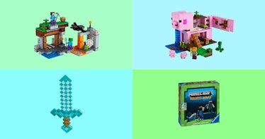 Four of the best Minecraft toys for kids set against a teal and green backdrop