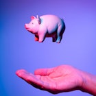 pink piggy bank hovering over outstretched hand