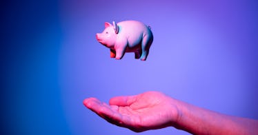 pink piggy bank hovering over outstretched hand