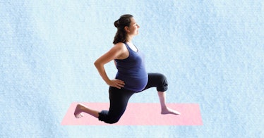 pregnant woman in lunge doing prenatal yoga isolated on light blue background