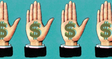 Outstretched hands with money signs on them on a blue background