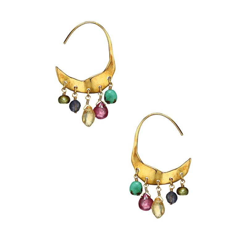 Mixed-Stone Charm Petite Crescent Hoop Earrings by Chan Luu