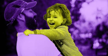 a father carries a toddler who laughs at his short jokes