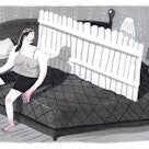 greyscale Illustration of married couple on bed with fence between them