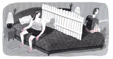 greyscale Illustration of married couple on bed with fence between them
