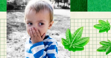 A child covers their mouth with their hand, beside an animation of marijuana leaves