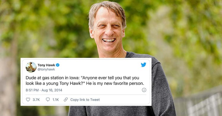 A Tony Hawk tweet is overlaid of an image of him smiling