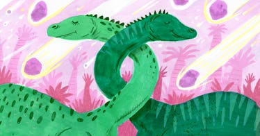 illustration of two dinosaurs hugging tenderly as asteroids fall behind them