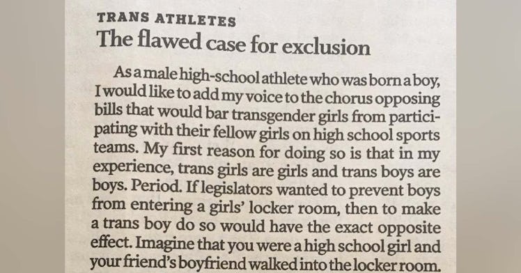 A teenage boy writes a letter to the editor about trans athletes