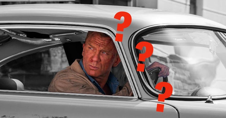 Daniel Craig as james bond in his aston martin with three red question marks next to his head