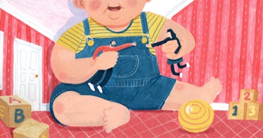 illustration of baby playing with dolls that look like parents