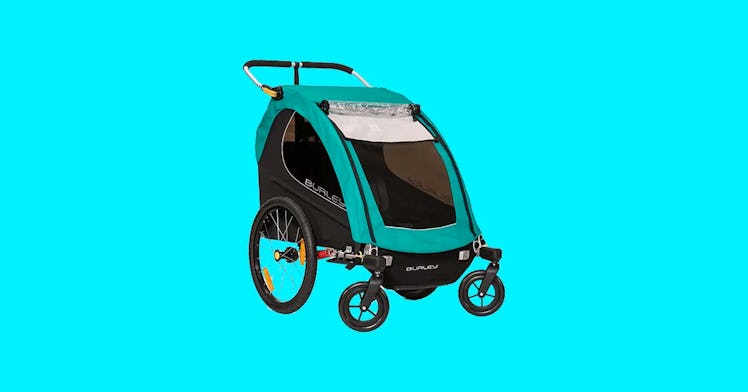 A great bike trailer set against a blue backgdrop