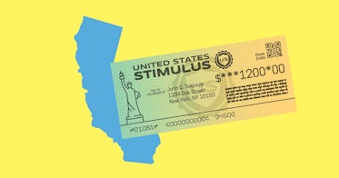 A california outline in blue, on a yellow background, with a colorful check