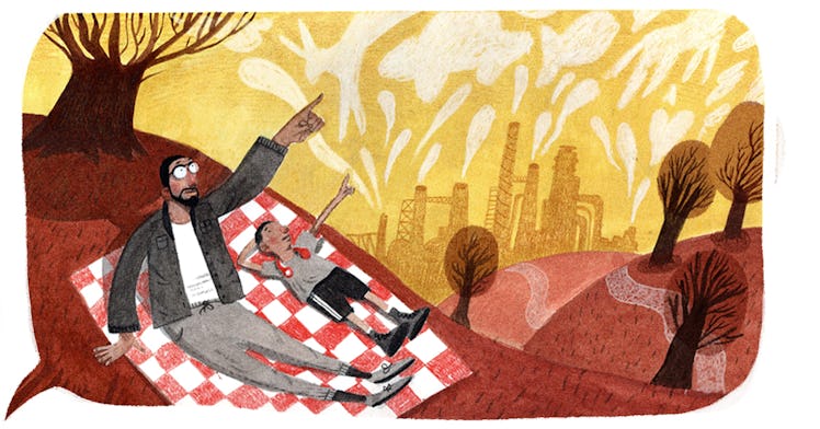 A drawing of a man and his son on a picnic throw pointing up at the sky.