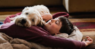 a shaggy white dog lays his head on the chest of a child who is stretched out on a blanket