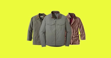 three men's field jackets in neutral shades, set against a bright yellow background
