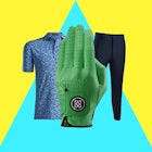 photo collage of golf clothing including a glove, shirt and pants against a yellow and blue backgrou...