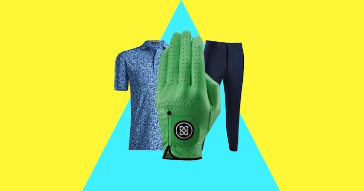 photo collage of golf clothing including a glove, shirt and pants against a yellow and blue backgrou...