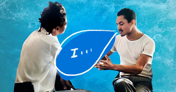 man and woman having a discussion with I statement speech bubble