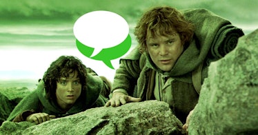 A scene from lord of the rings with illustrated quotation bubbles