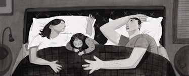 Illustration of a married couple sleeping together in a bed with their daughter between them