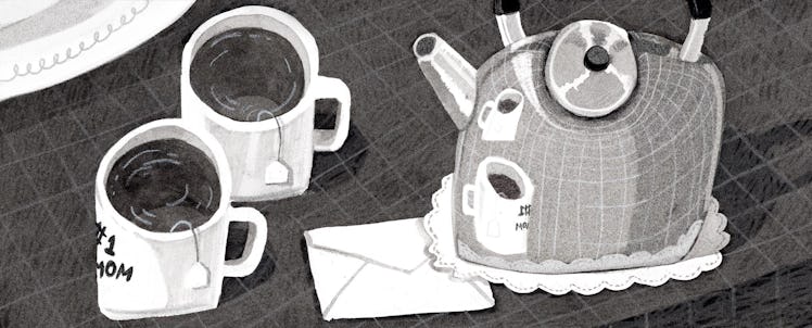 An illustration of a tea kettle as well as two cups and a letter on the table