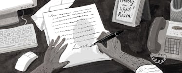Black and white illustration of a man writing a letter on his office desk, representing Craig Melvin...