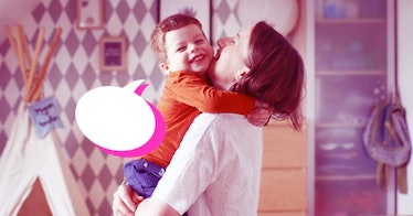 A mother holding and kissing her son during mother's day and an illustrated empty speaking bubble