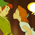A shot of Peter Pan and Wendy with and illustrated quote on the side