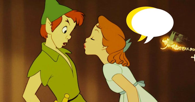 A shot of Peter Pan and Wendy with and illustrated quote on the side