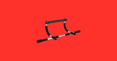 One of the best pull-up bars for home gyms, set against a red background